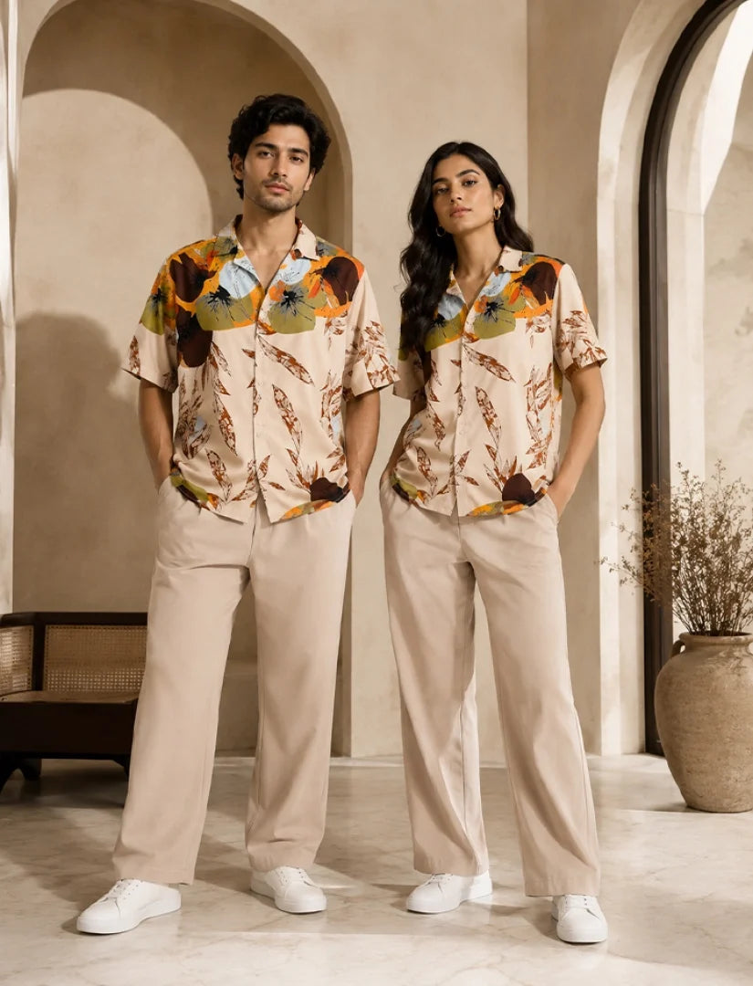 Cream Leaf Unisex Half Sleeve Full Pant Cords - XPCRDF