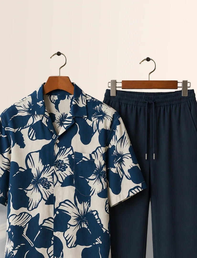 Navy Floral Unisex Half Sleeve Full Pant Cords - XPCRDF