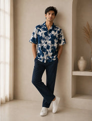Navy Floral Unisex Half Sleeve Full Pant Cords - XPCRDF