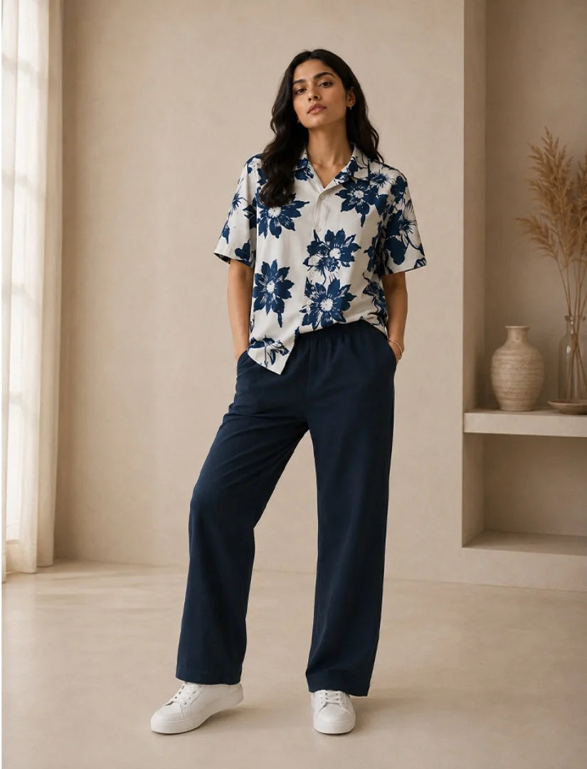 Navy Floral Unisex Half Sleeve Full Pant Cords - XPCRDF
