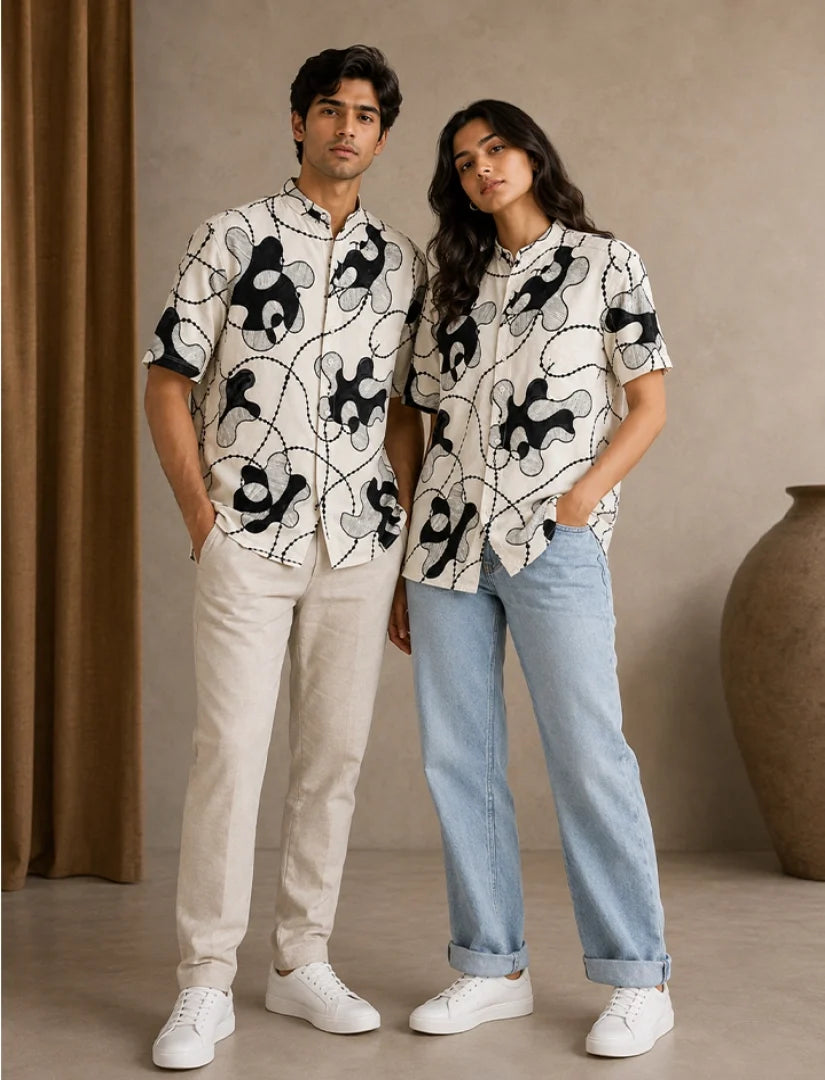 Cream Lines Print Unisex Half Sleeve Shirt - XPST